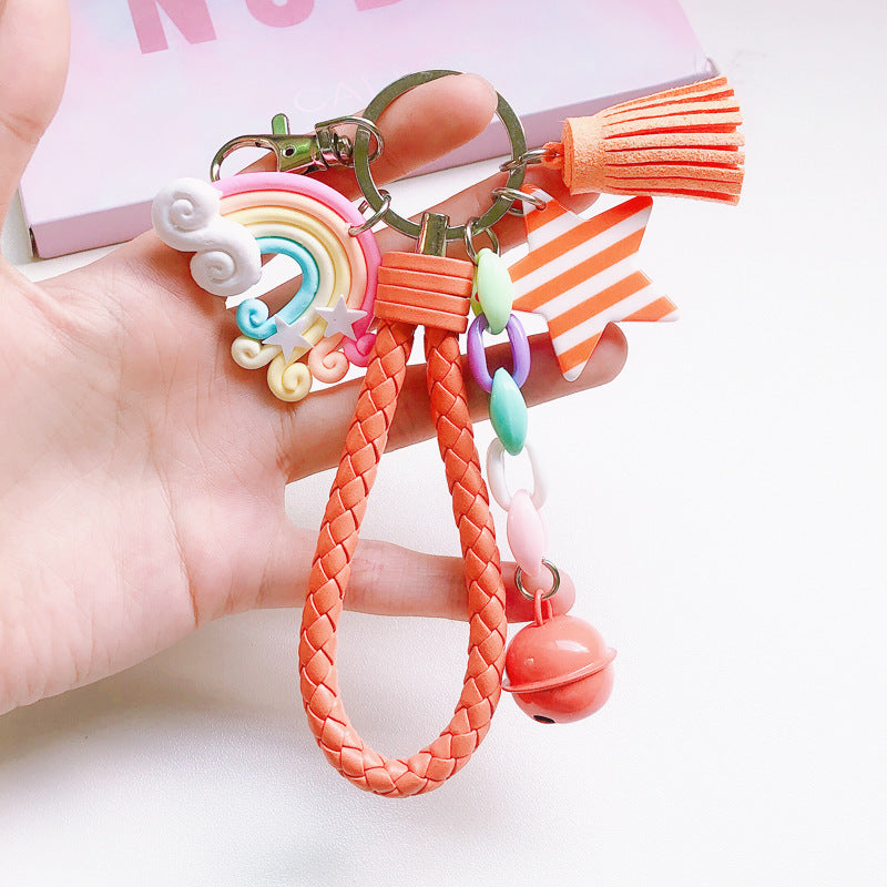 Korean Version Of Cute Girl Heart Creative Soft Pottery Rainbow Keychain Female Student Schoolbag Lollipop Pendant Key Accessories