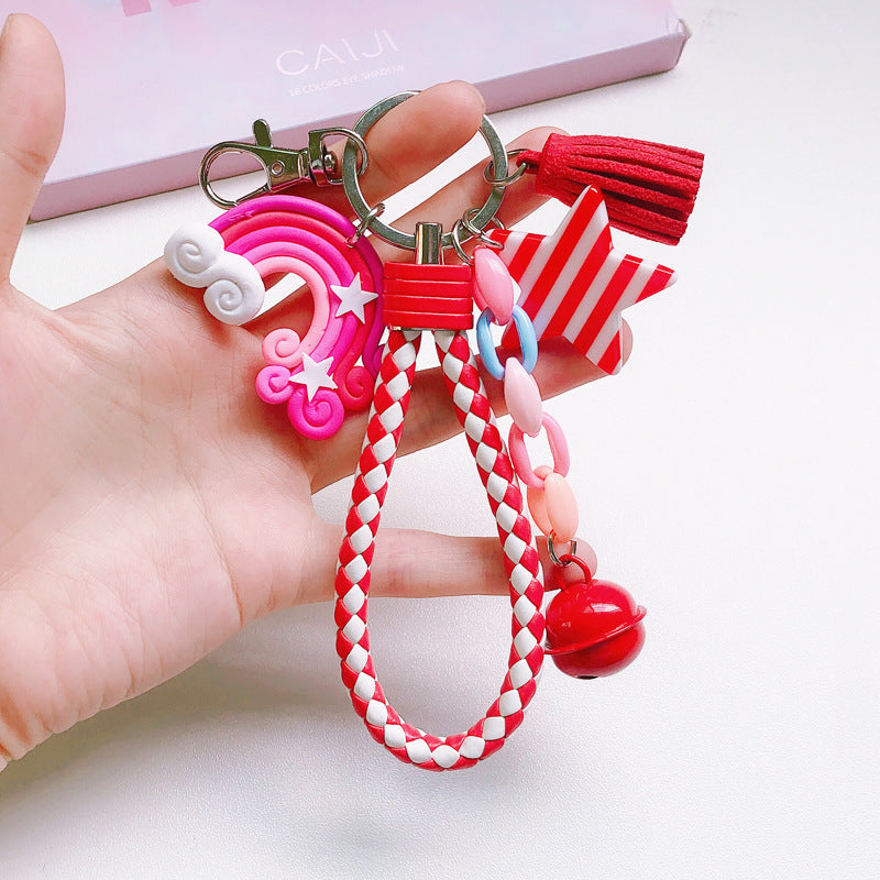 Korean Version Of Cute Girl Heart Creative Soft Pottery Rainbow Keychain Female Student Schoolbag Lollipop Pendant Key Accessories