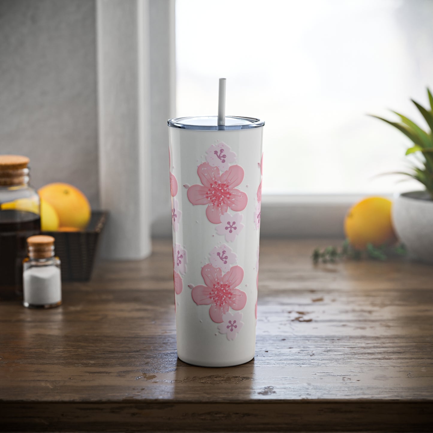 Cherry Blossom Skinny Tumbler with Straw