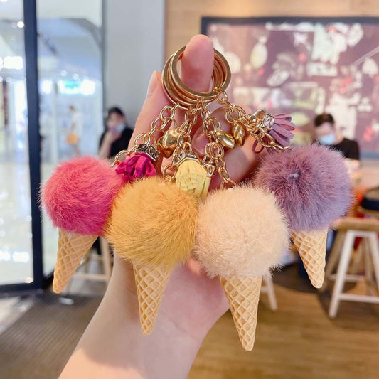 Pom Pom Plush Ice Cream Keychain With Tassel