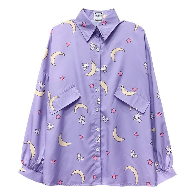 Oversized Cute Moon Purple Blouse